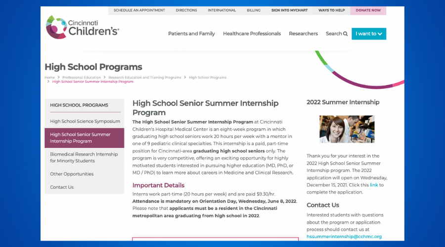 High School Senior Summer Internship Program at Cincinnati Children’s Hospital