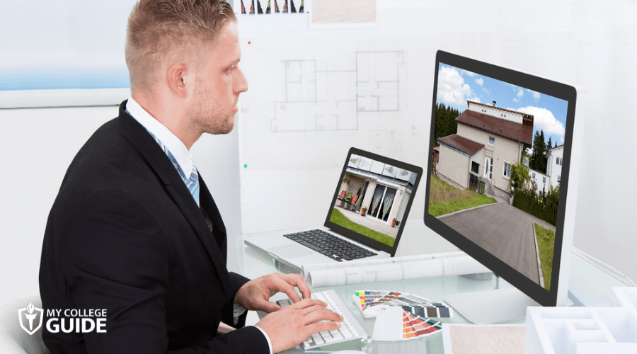 real estate agent checking a property portfolio online 