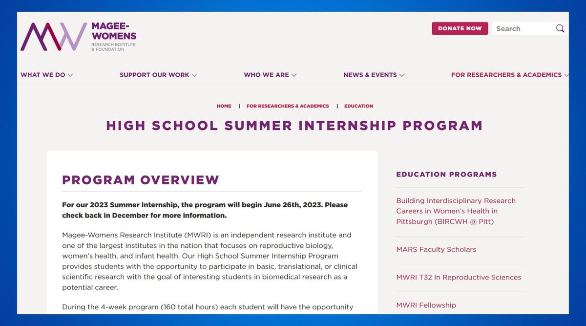 Magee-Women's Research Institute High School Summer Internship Program