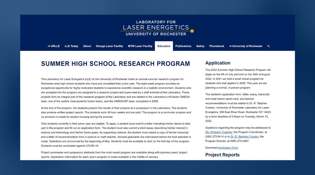 University of Rochester LLE Summer High School Research Program