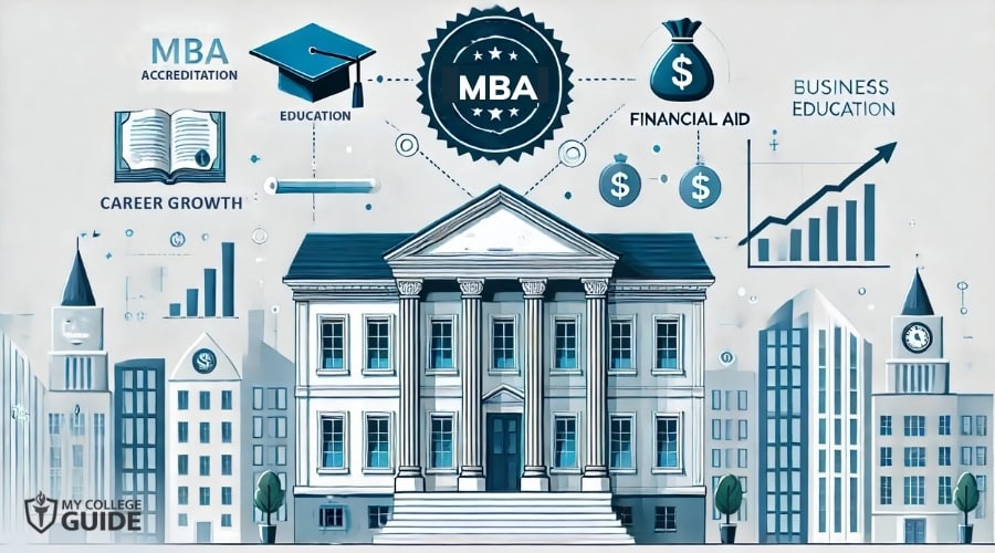 Illustration of MBA accreditation benefits showing a business school with an 'Accredited' seal, alongside icons for career growth, financial aid, and education quality